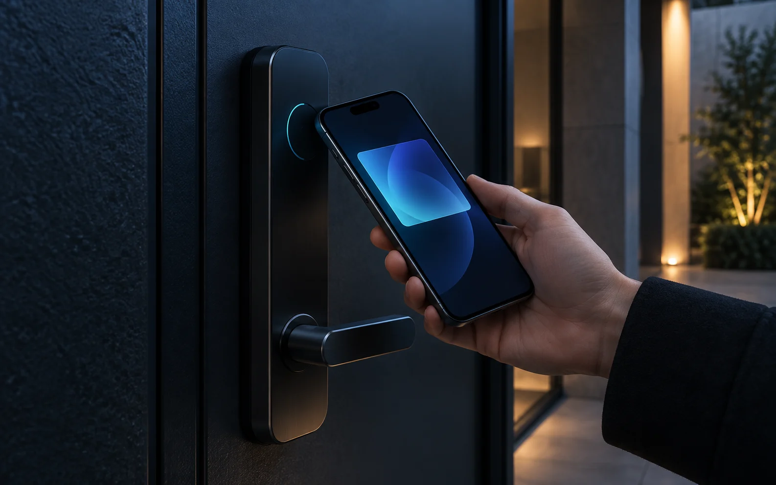 Concept image of a smartphone unlocking a smart NFC door lock